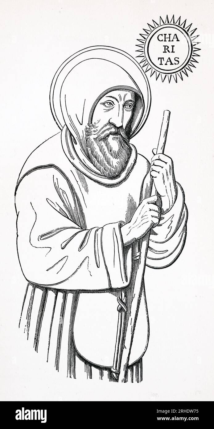 Portrait des Heiligen Franziskus von Paula (Franziskus von Paola, auch bekannt als Franziskus der Feuerwehrmann) war ein italienischer Mönch und Gründer des römisch-katholischen Ordens der Minims. Gravur aus dem Leben der Heiligen von Sabin Baring-Gould. Stockfoto