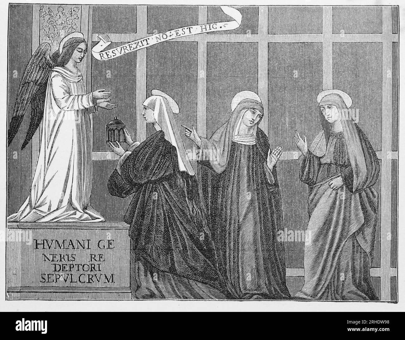 Drei Maries im Grab. Gravur aus einem Fresko in der Kathedrale von Albi. Aus dem Leben der Heiligen von Sabin Baring-Gould. Stockfoto