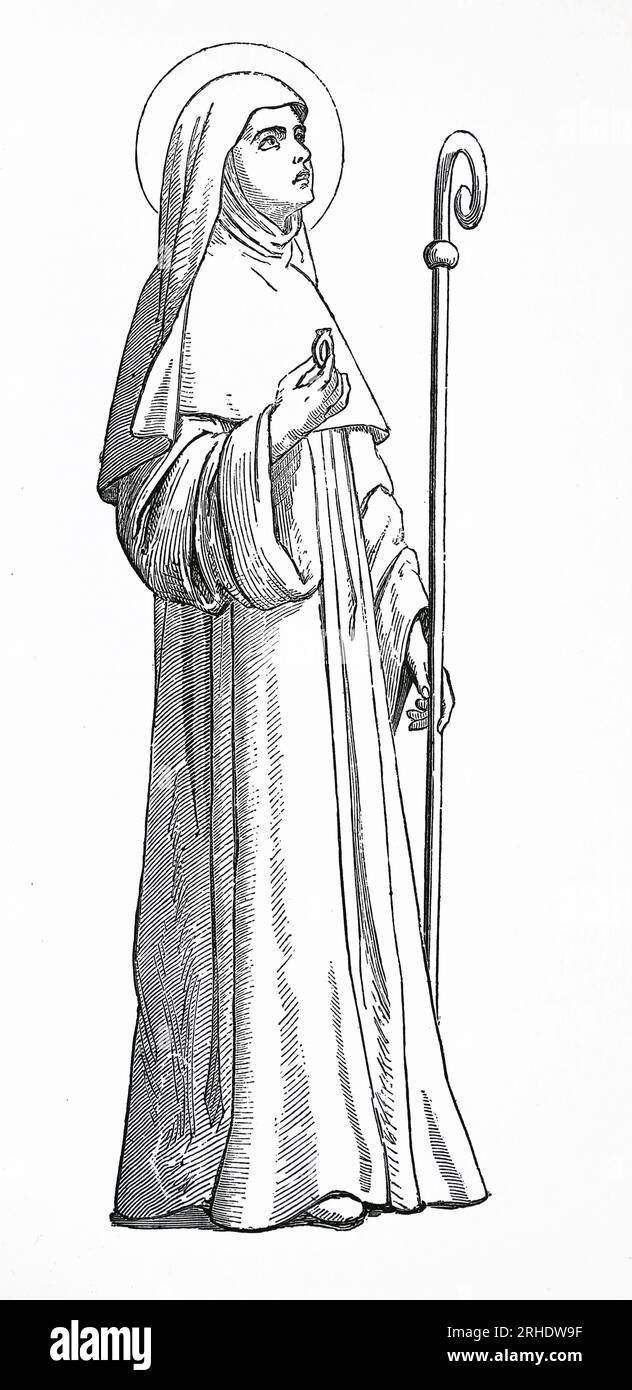St. Godebertha (alias Godeberta, Gotheberta oder Gothoberta). Nonne und Äbtissin aus dem 7. Jahrhundert in Noyon, Frankreich. Gravur aus dem Leben der Heiligen von Sabin Baring-Gould. Stockfoto