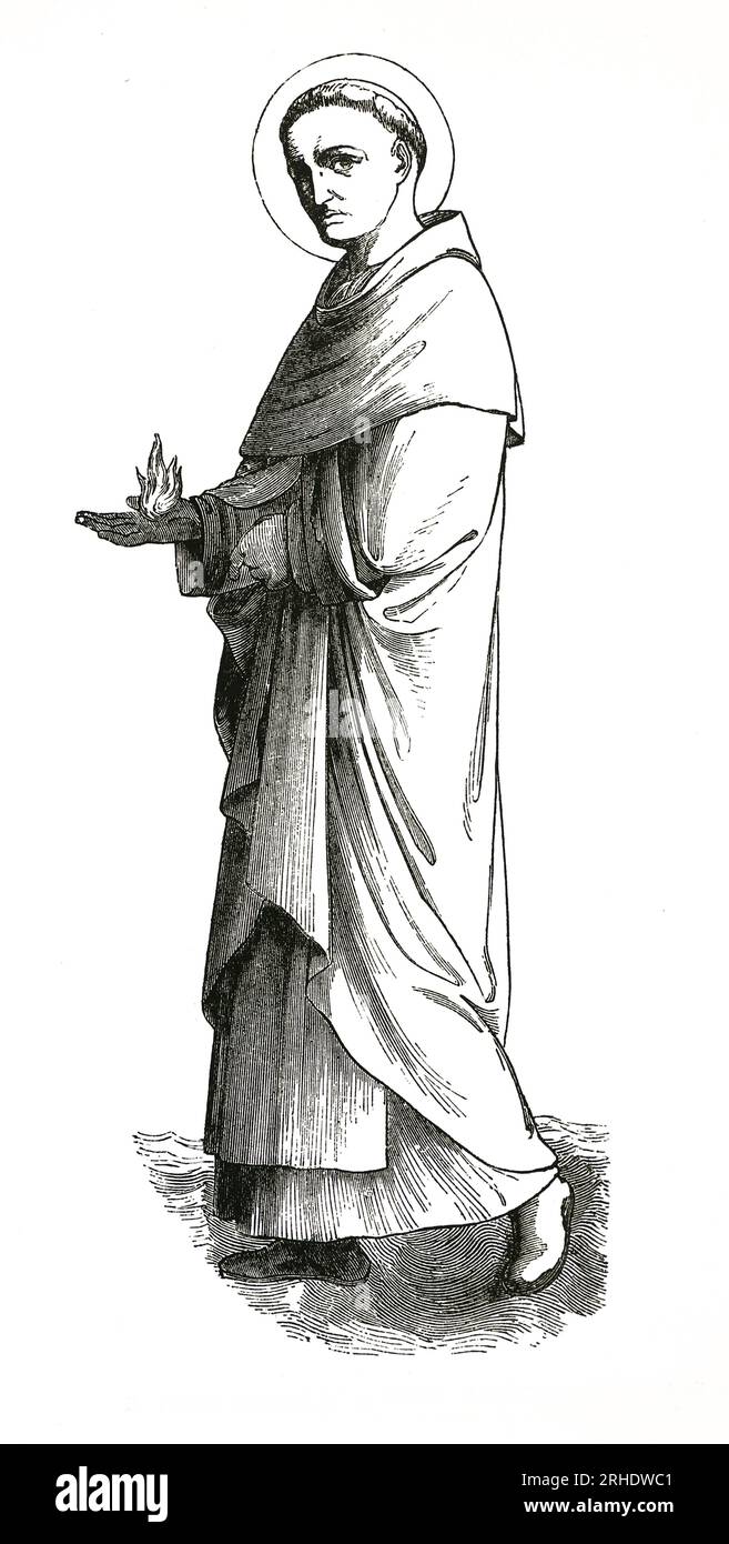 Portrait von Peter González (1190 – 1246) Er wird manchmal als Pedro González Telmo, Saint Telmo oder Saint Elmo bezeichnet. Er war ein kastilischer dominikanischer Mönch und Priester, geboren 1190 in Frómista, Palencia, Königreich Kastilien und Leon. Er wird oft mit einer blauen Kerze in Bezug auf das blaue Licht dargestellt, das bei Stürmen auf den Masten des Bootes, bekannt als St. Elmo's Fire, erscheint. Es soll von St. Peter Gonzalez oder St. Elmo geschickt werden, als Zeichen dafür, dass das Schiff unter seinem Schutz steht. Hier hält er eine Flamme in der Hand. Gravur aus dem Leben der Heiligen von Sabin Baring-Gould. Stockfoto