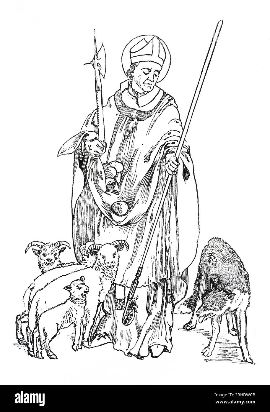 St. Alphege (alias Ælfheah) war ein angelsächsischer Bischof von Winchester, später Erzbischof von Canterbury. Ælfheah wurde 1011AD von den Dänen während der Belagerung von Canterbury gefangen genommen und sieben Monate lang gefangen gehalten. Er weigerte sich jedoch, ein Lösegeld zu zahlen, um seine Freiheit zu sichern, und wurde zu Tode gesteinigt. In dieser Gravur aus dem Leben der Heiligen von Sabin Baring-Gould wird er mit den Steinen seines Märtyrertums dargestellt. Stockfoto