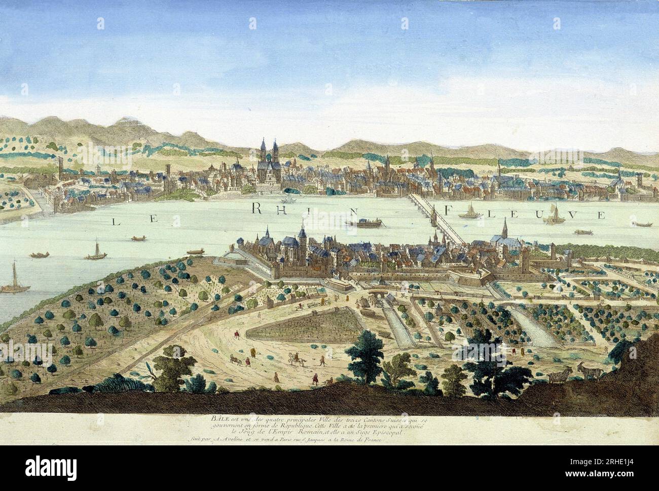 Vue du Port et de la ville de Bale. Gravure du 18eme Siecle. Stockfoto