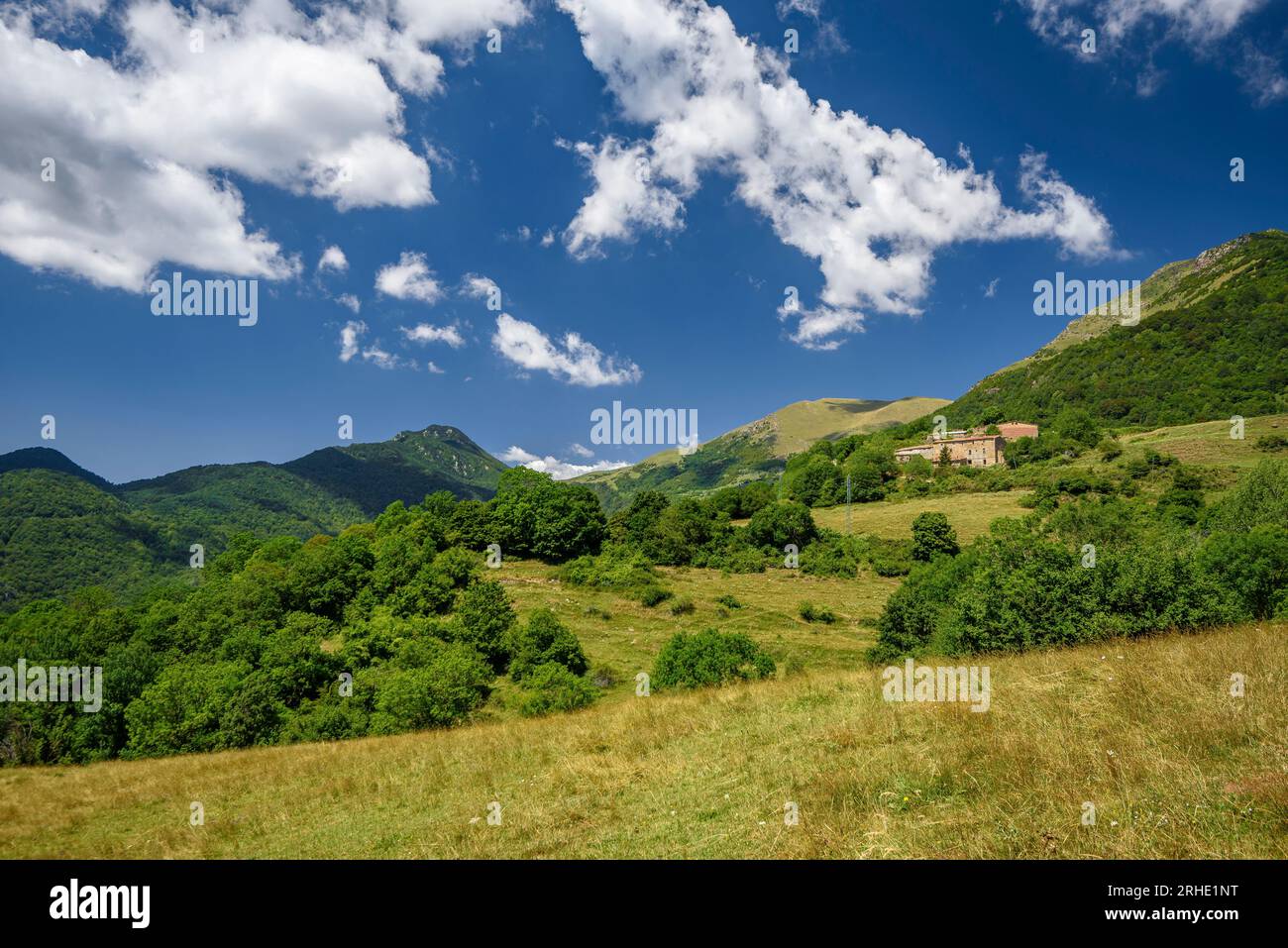 Ländliche Felder und Wiesen in der Nähe von Ogassa, mit einigen verstreuten Häusern südlich der Serra Cavallera im Sommer (Ripollès, Girona, Katalonien, Spanien) Stockfoto