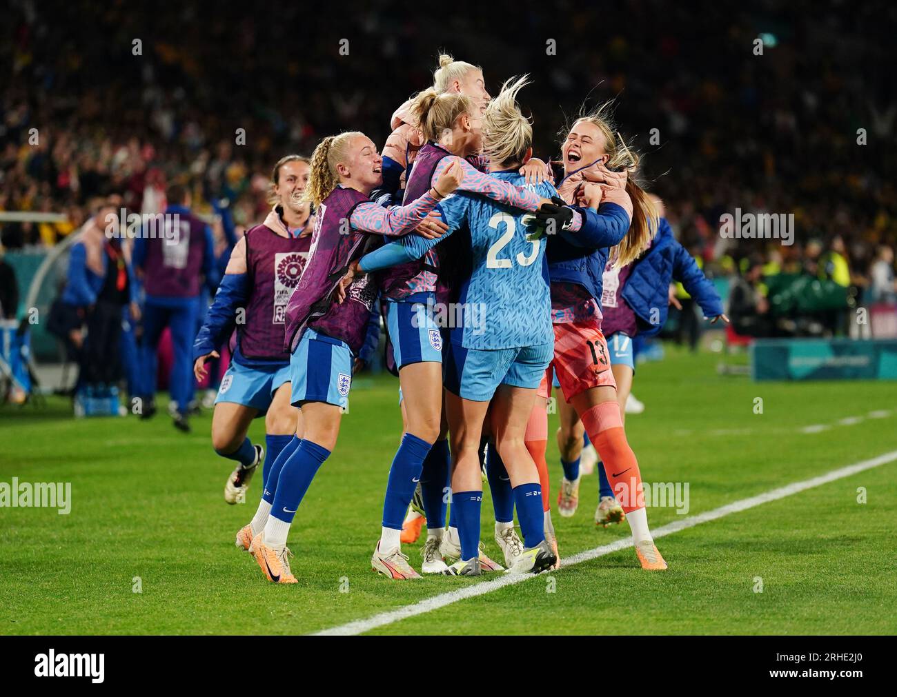 Englands Alessia Russo feiert das dritte Tor seiner Mannschaft während des Halbfinalspiels der FIFA Women's World Cup im Stadium Australia, Sydney. Bilddatum: Mittwoch, 16. August 2023. Stockfoto