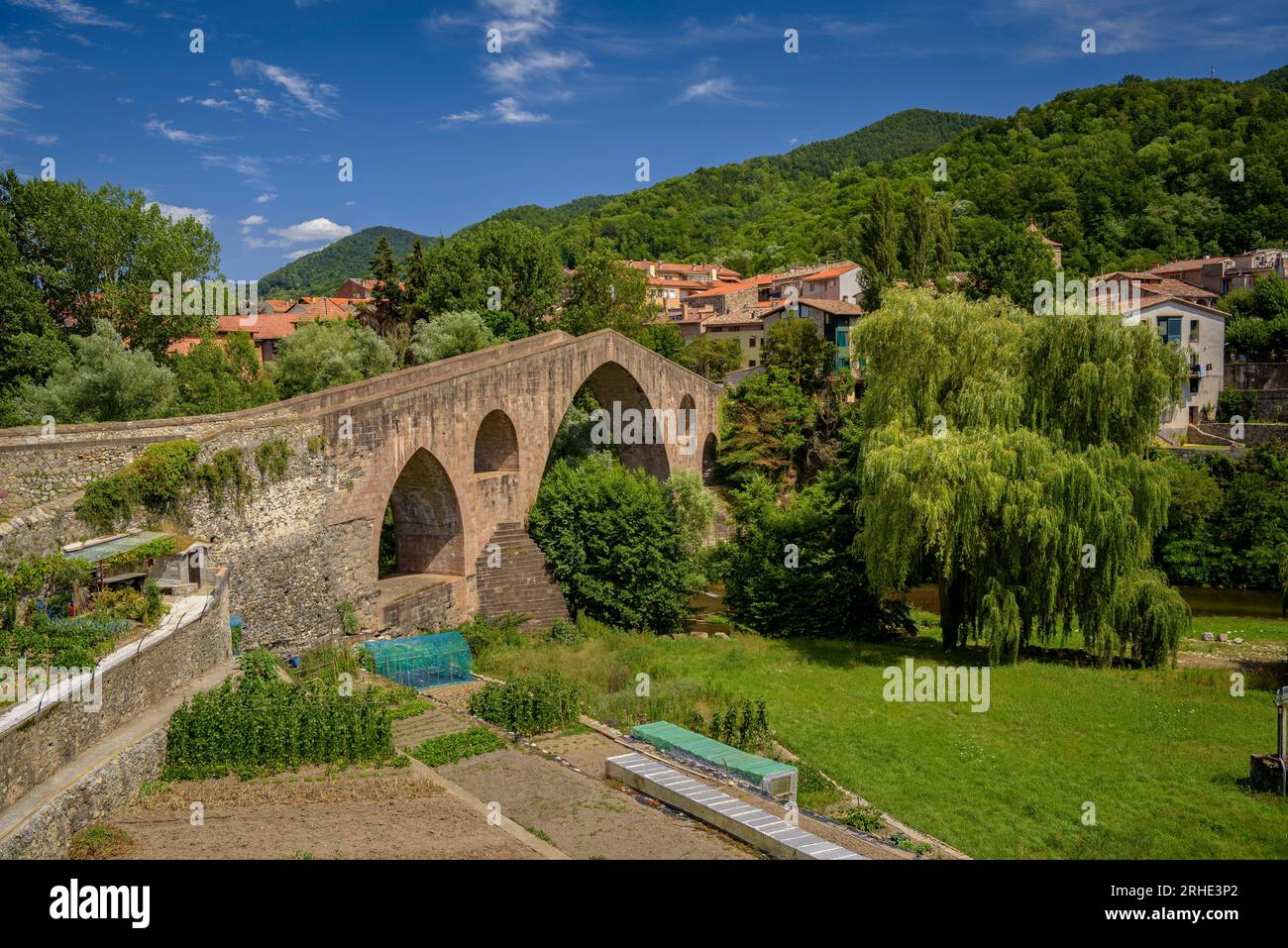 Die alte mittelalterliche Brücke, die den Fluss Ter in Sant Joan de les Abadesses überquert, mit der Stadt im Hintergrund (Ripollès, Girona, Katalonien, Spanien) Stockfoto