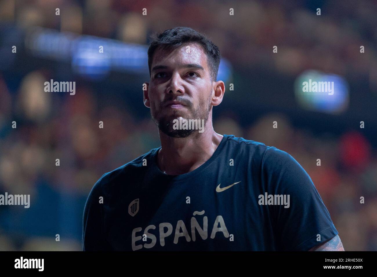 Willy Hernangomez wurde während des Spanier- und slowenischen Basketballspiels vor der FIBA-Weltmeisterschaft 2023 im Palacio de los Deportes Martin Carpena gesehen. Endstand: Spanien 99-79 Slowenien. Stockfoto