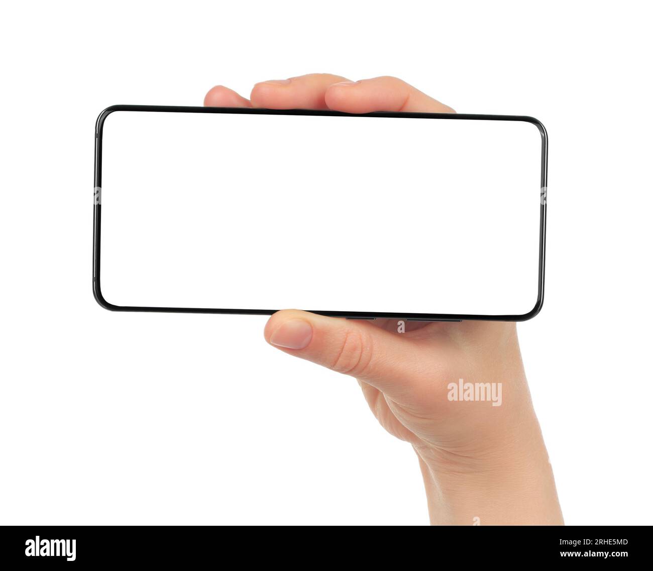 Modernes Smartphone in der Hand, isoliert auf weißem Hintergrund Stockfoto