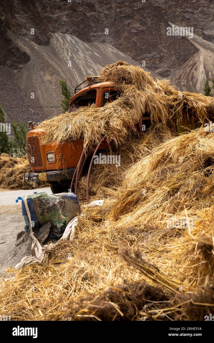 Indien, Ladakh, Nubra Valley, Turtuk, Chalunka, stillgelegter Lastwagen zur Trockenernte von Gerste Stockfoto