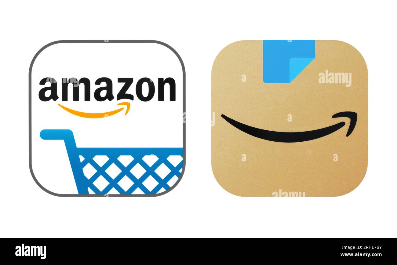 Kiew, Ukraine - 28. August 2022: Alte und neue Symbole der Amazon Mobile App, gedruckt auf Whitepaper. Amazon.com ist ein amerikanischer multinationaler Technologieentwickler Stockfoto