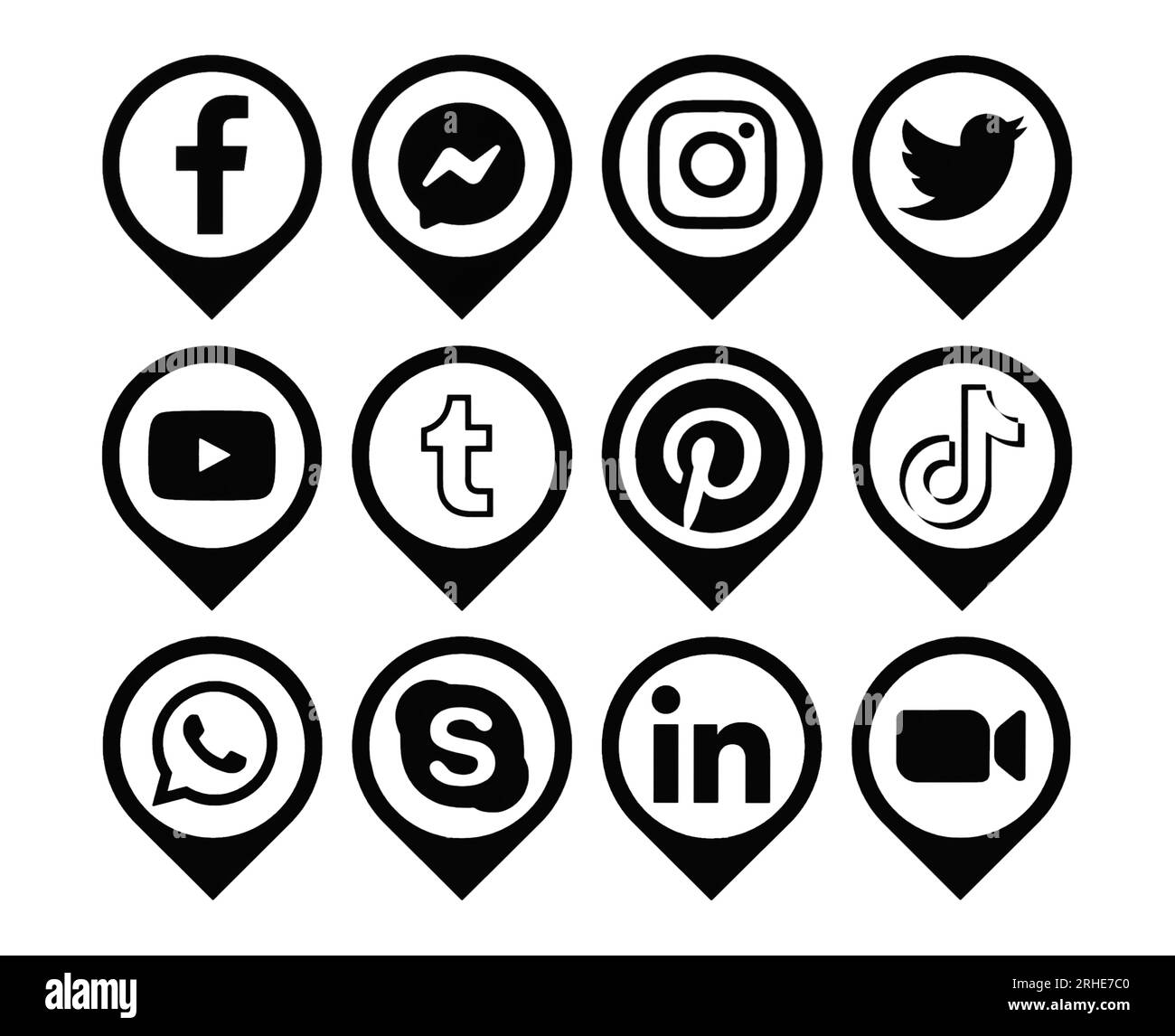 Kiew, Ukraine - 28. August 2022: Schwarze beliebte Social-Media-Symbole, gedruckt auf einem Whitepaper: Facebook, Twitter, Instagram, Pinterest, Li Stockfoto