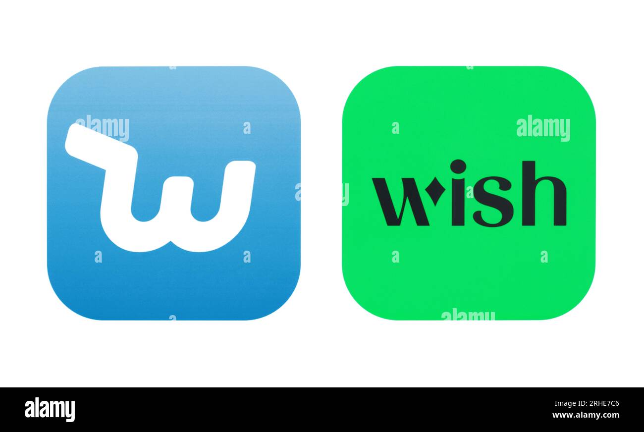 Kiew, Ukraine - 28. August 2022: Alte und neue Symbole der Wish Mobile App, gedruckt auf Whitepaper. Wish ist eine App, mit der Sie das Einkaufszentrum auf Ihrem Smartphone einkaufen können Stockfoto