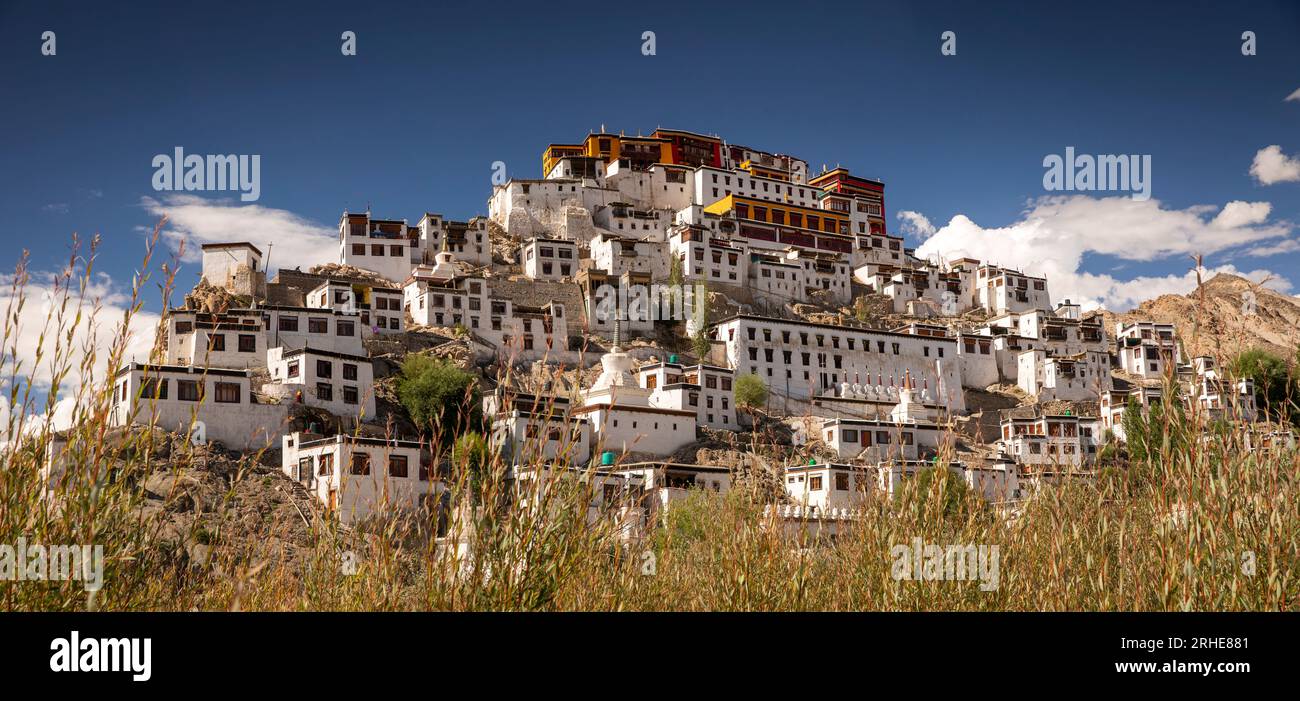 Indien, Ladakh, Leh Valley, Thiksey Gompa, buddhistisches Kloster der Gelug-Schule auf einem Hügel, Panoramablick Stockfoto