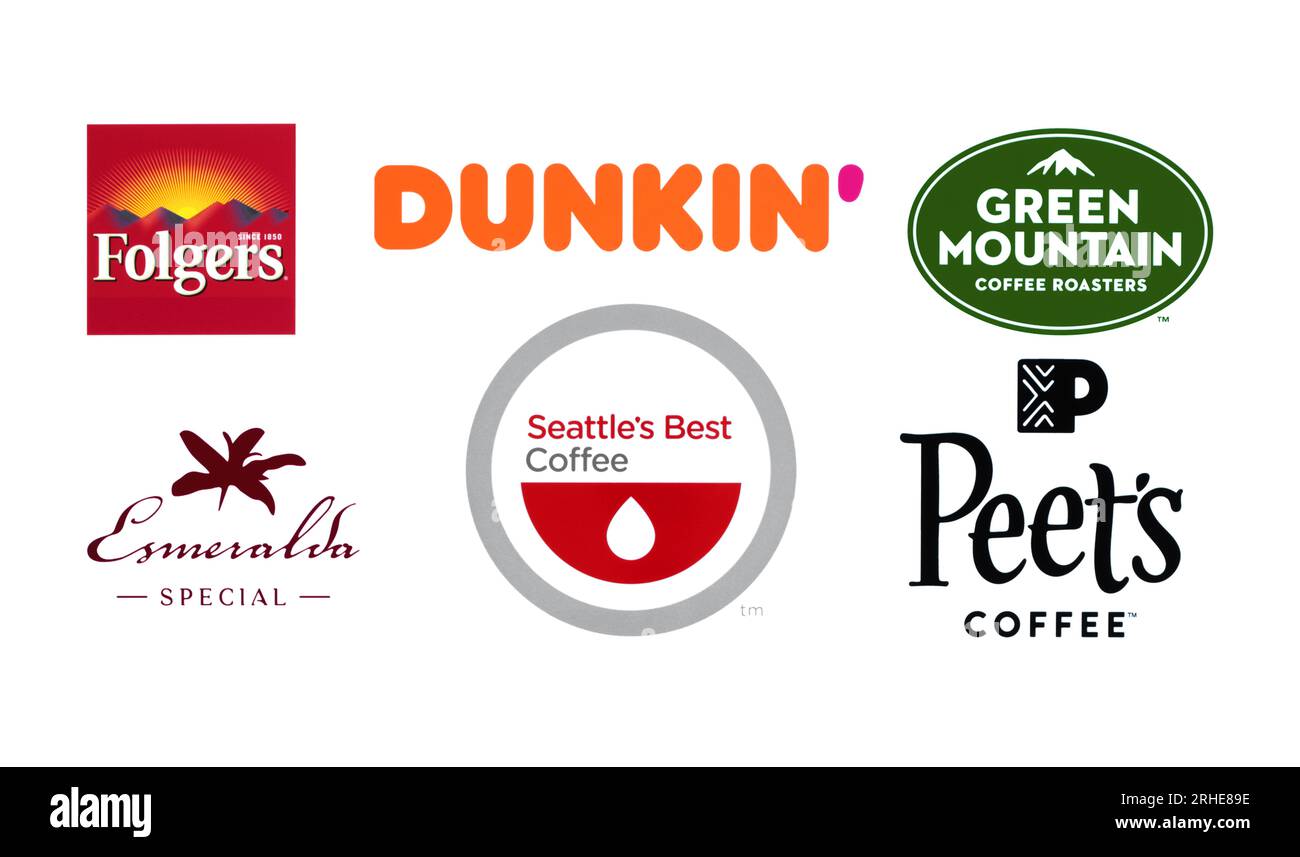 Kiew, Ukraine - 20. September 2022: Logos der beliebtesten Kaffeemarken der Welt wie Folgers, Dunkin, Green Mountain, Esmeralda, Seattle Stockfoto