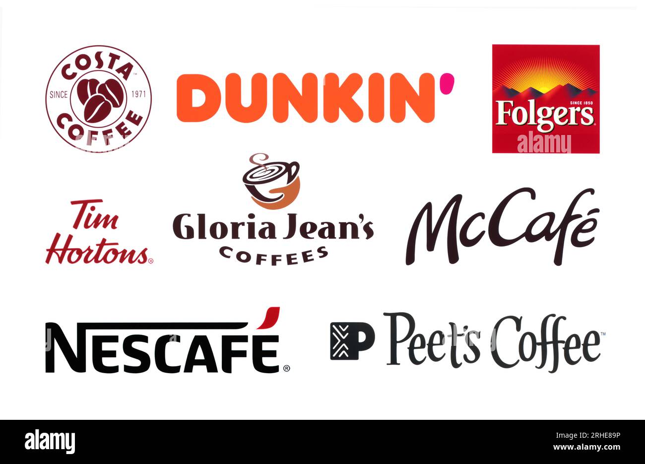 Kiew, Ukraine - 20. September 2022: Logos der größten Kaffeemarken der Welt wie Costa Coffee, Dunkin, Folgers, Tim Hortons, Gloria Jean' Stockfoto