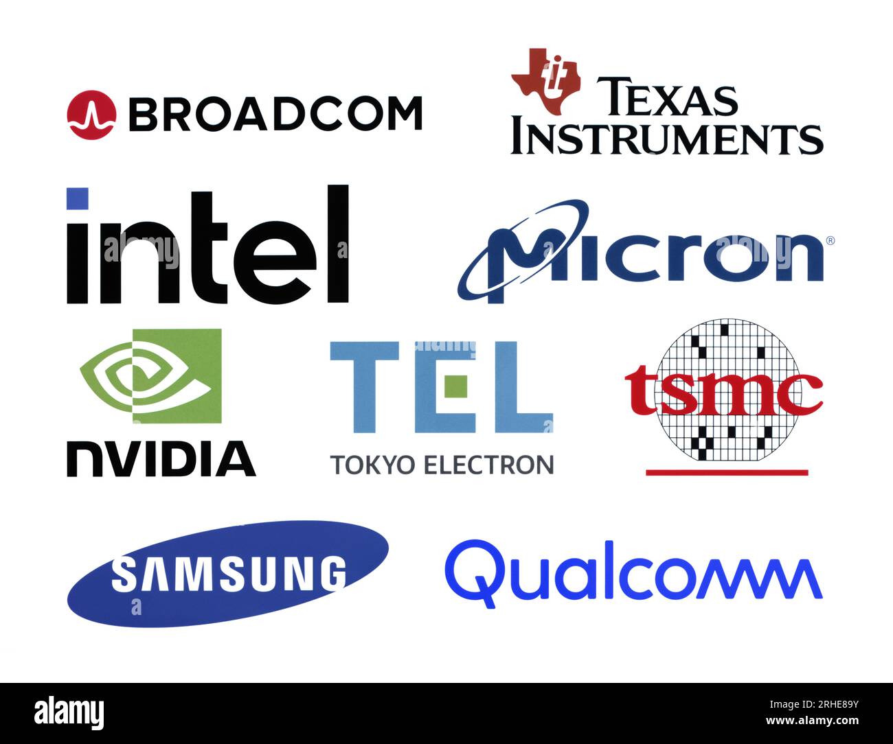 Kiew, Ukraine - 20. September 2022: Logos beliebter Halbleiter- und Mikrochips-Hersteller weltweit, wie Broadcom, Texas Instrument Stockfoto