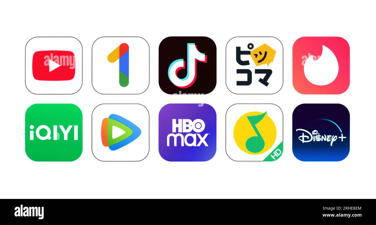 Kiew, Ukraine – 26. Oktober 2022: Symbolsatz der Ausgaben von Verbrauchern für mobile Apps in der Welt von Q3 2022, gedruckt auf Papier, z. B. YouTube, Google On Stockfoto