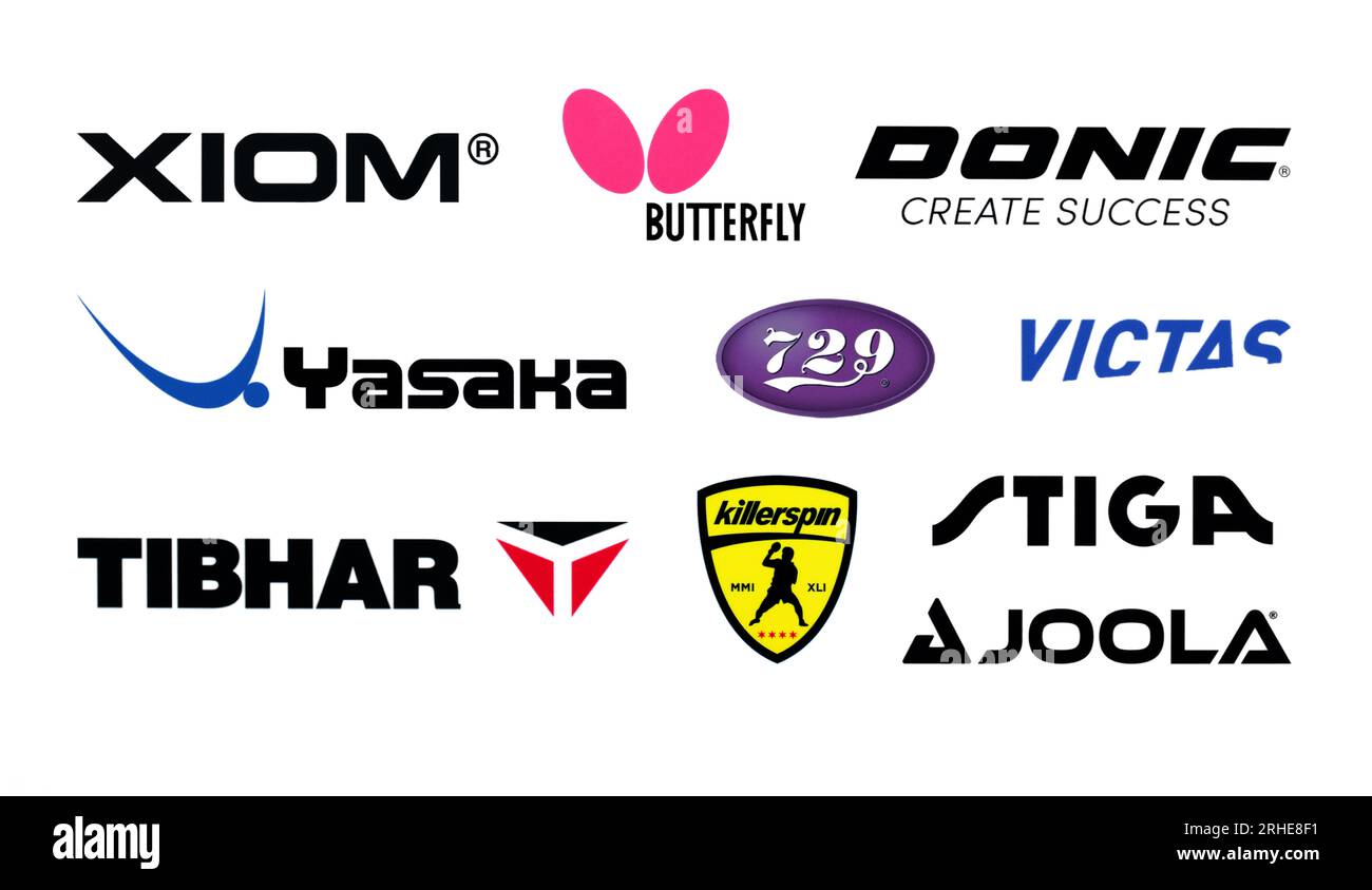Kiew, Ukraine - 26. Oktober 2022: Logos der weltweit besten Ping Pong Equipment-Marken, gedruckt auf Papier, z. B.: Xiom, Schmetterling, Donic, Yasaka, Stockfoto