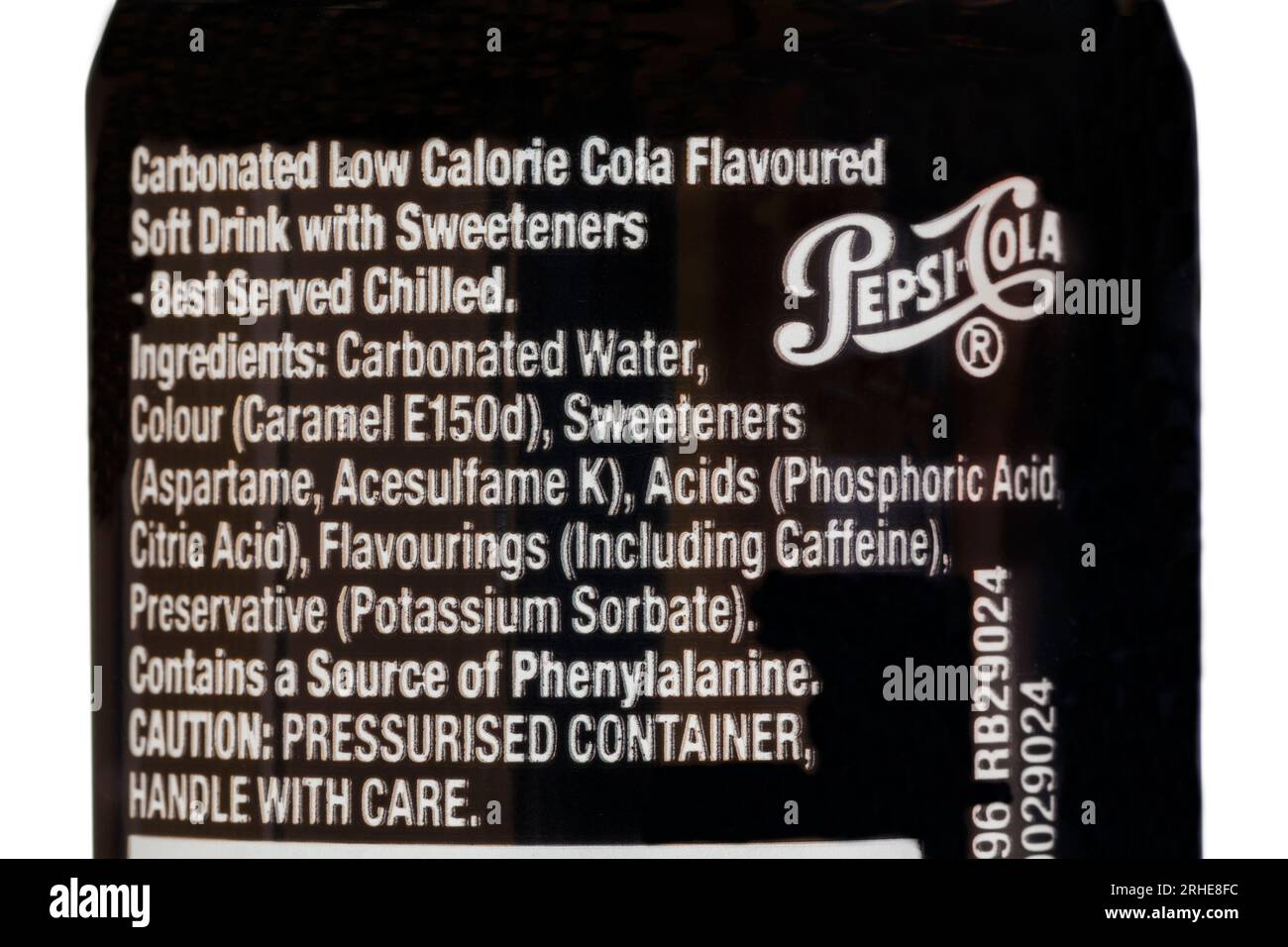 Zutaten auf der Dose von Pepsi Max Maximaler Geschmack ohne Zucker Stockfoto