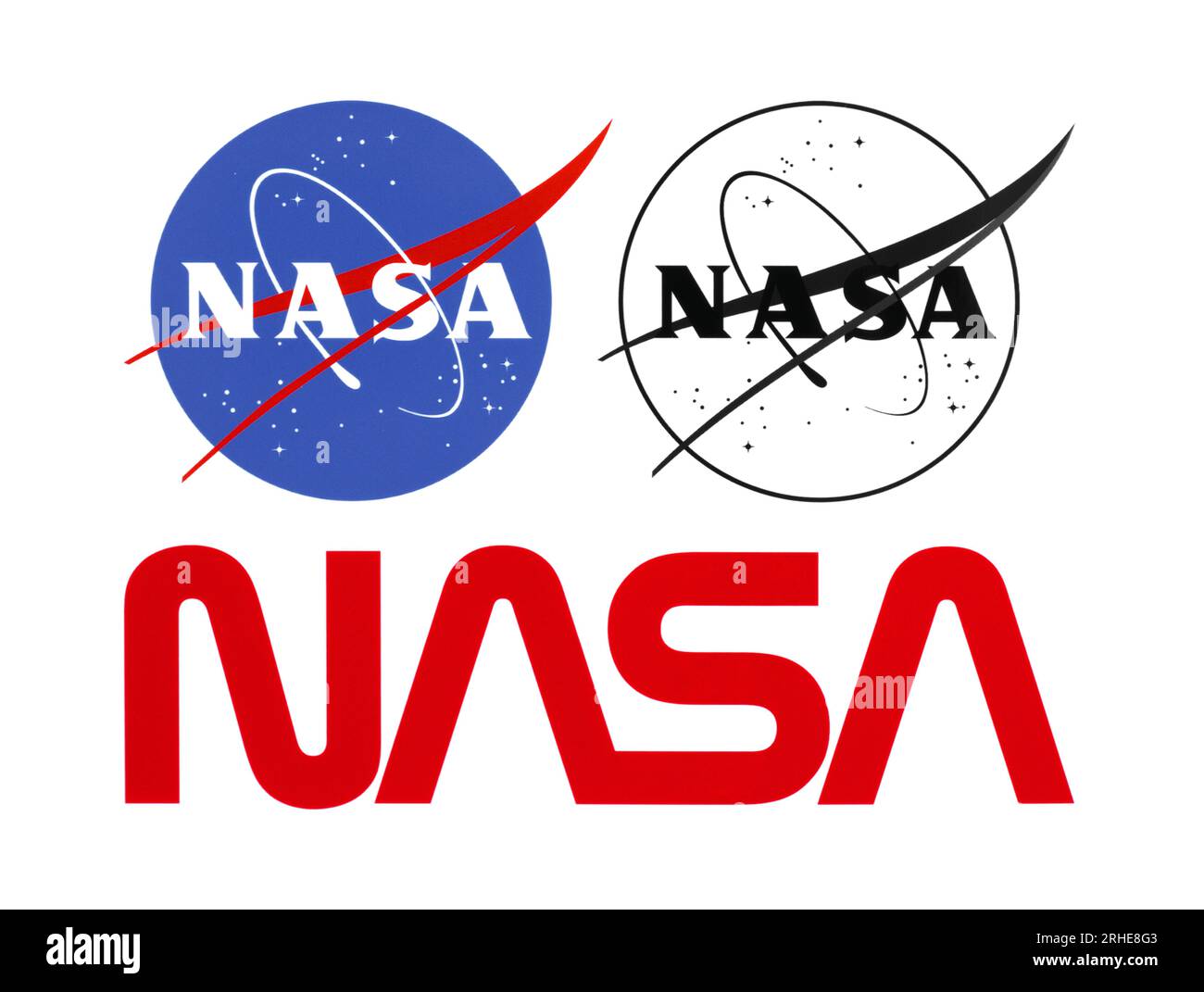 Kiew, Ukraine - 26. Oktober 2022: Satz aller NASA-Hauptlogos, gedruckt auf Papier. Die NASA ist eine unabhängige Behörde der zuständigen US-Bundesregierung Stockfoto