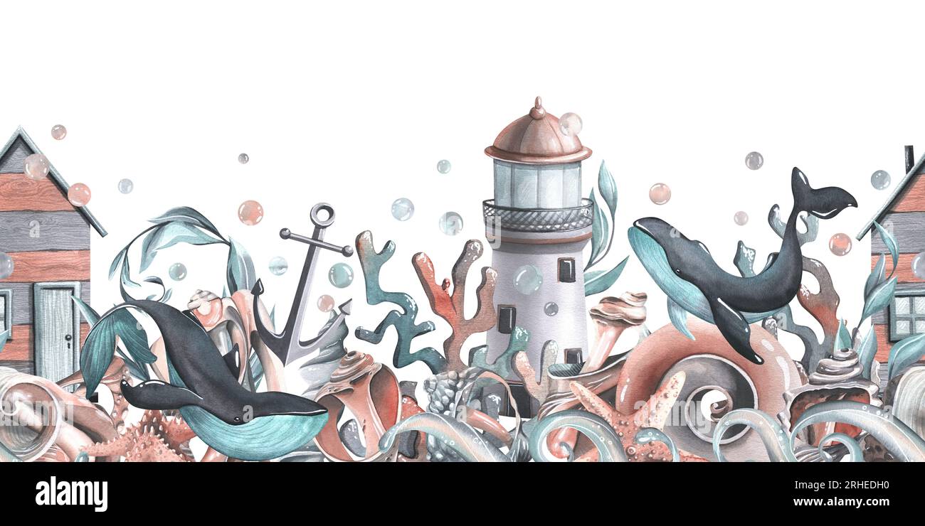 Wale mit Algen, Muscheln, Seesterne, Korallen, Algen, Anker, Wellen, Leuchtturm und Strandkabine und Blasen. Aquarellzeichnung handgezeichnet Stockfoto