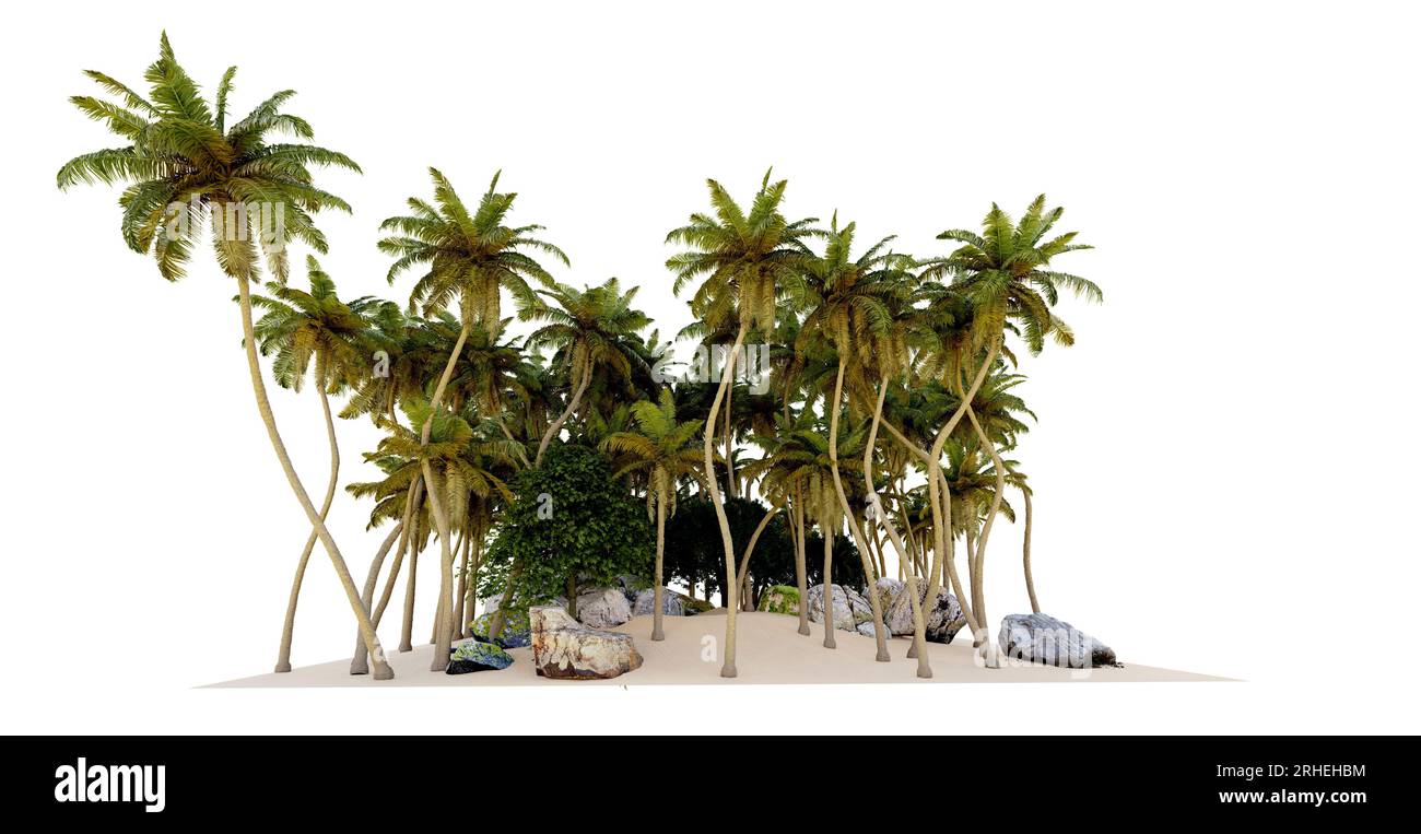 Kleine Insel mit Kokosnussbäumen am Paradiesstrand, 3D-Illustrationen Stockfoto