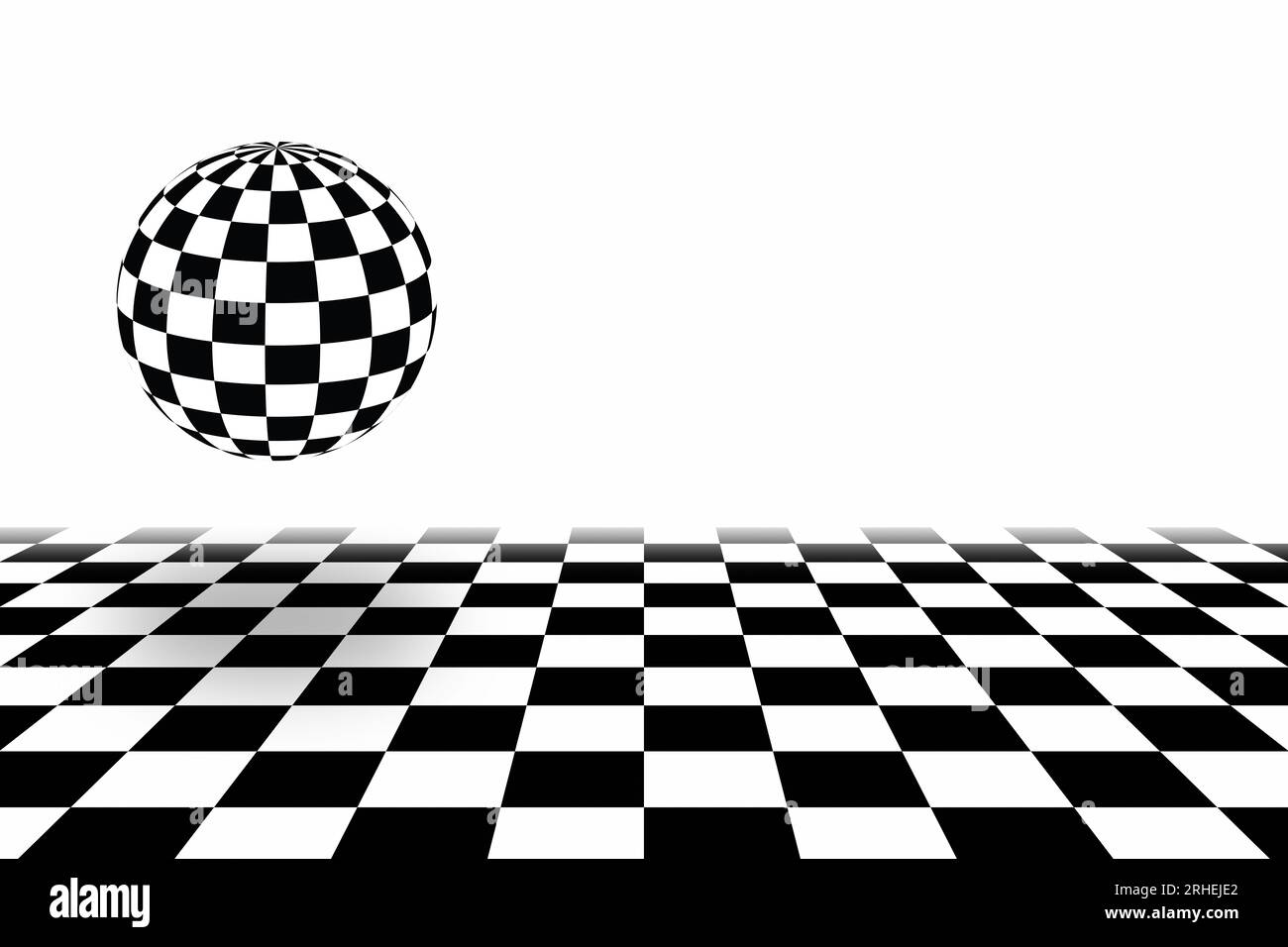 Schwarz-weiße Schachbrettkugel über Schachbrett mit Fluchtpunkt. Stockfoto