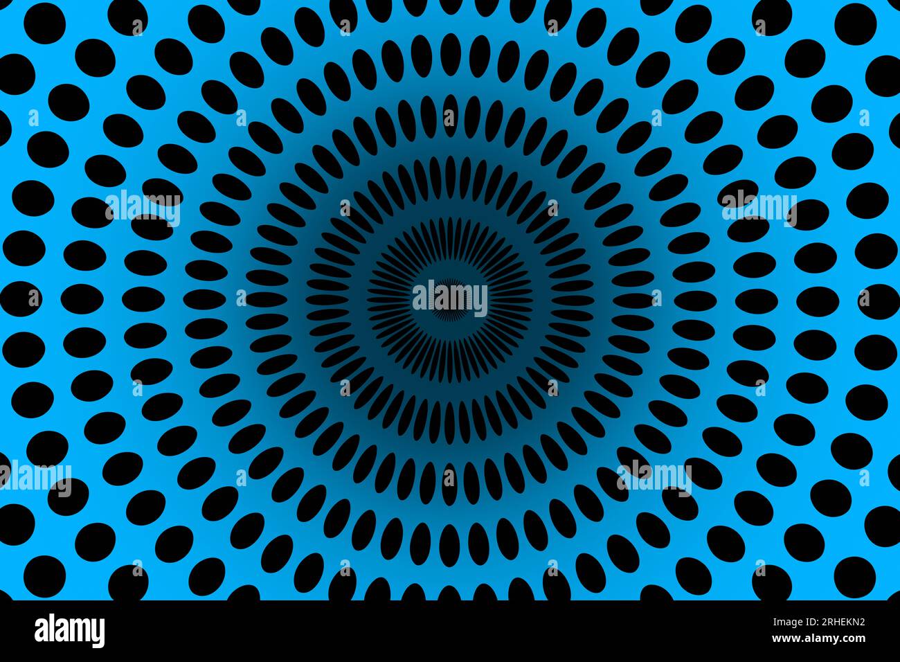 Kreisförmiges Muster mit schwarzen Punkten auf blauem Hintergrund mit Fluchtpunkt. Stockfoto