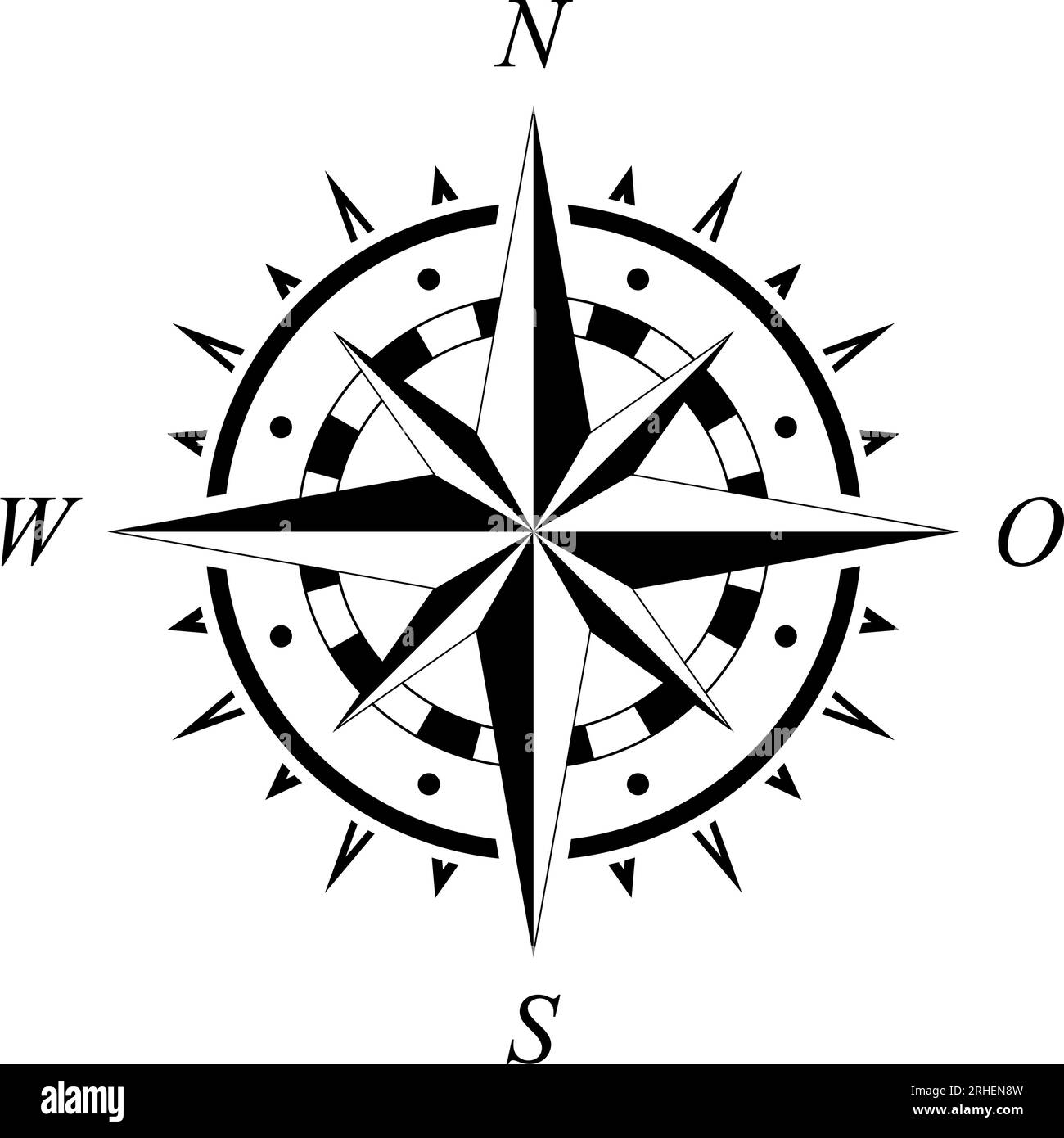 Kompassrosenvektor mit vier Richtungen und deutscher Ostbeschreibung. Marine, nautisch, Trekking-Navigationssymbol. Kann in einer geografischen Karte verwendet werden. Stock Vektor