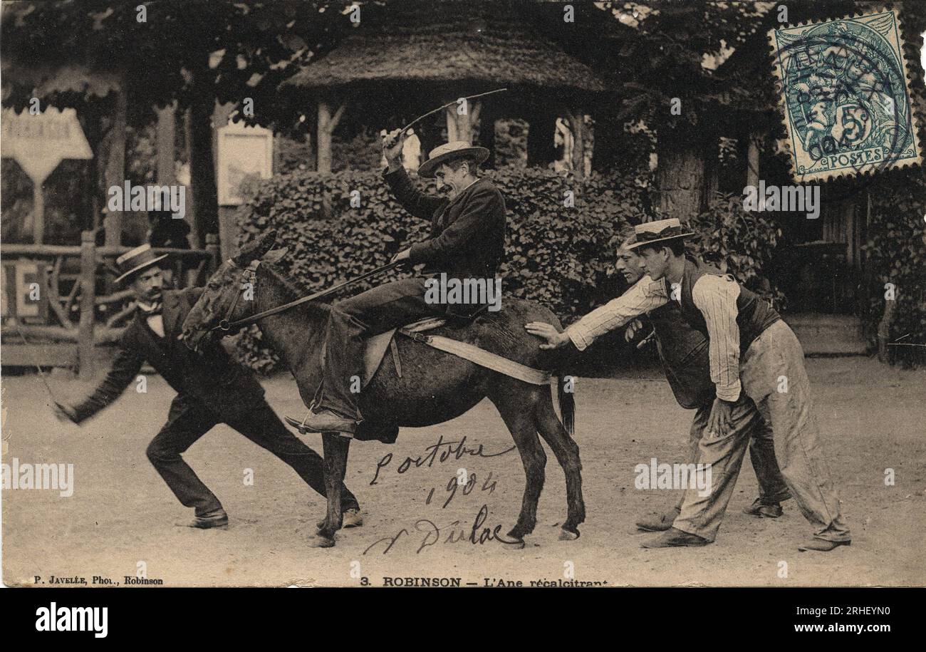 L'ane tetu et recalcitrant - Postkartendatum 1904 Stockfoto