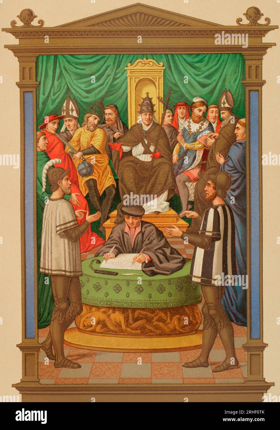 Streit zwischen zwei Rittern über die unbefleckte Empfängnis, in einem Turnier, das vom Kaiser angeordnet wurde. Chromolithographie nach Miniatur in Chants Royaux sur La Conception, 16. Jahrhundert. "Vie Militaire et Religieuse au Moyen Age et à lEpoque de la Renaissance". Paris, 1877. Stockfoto