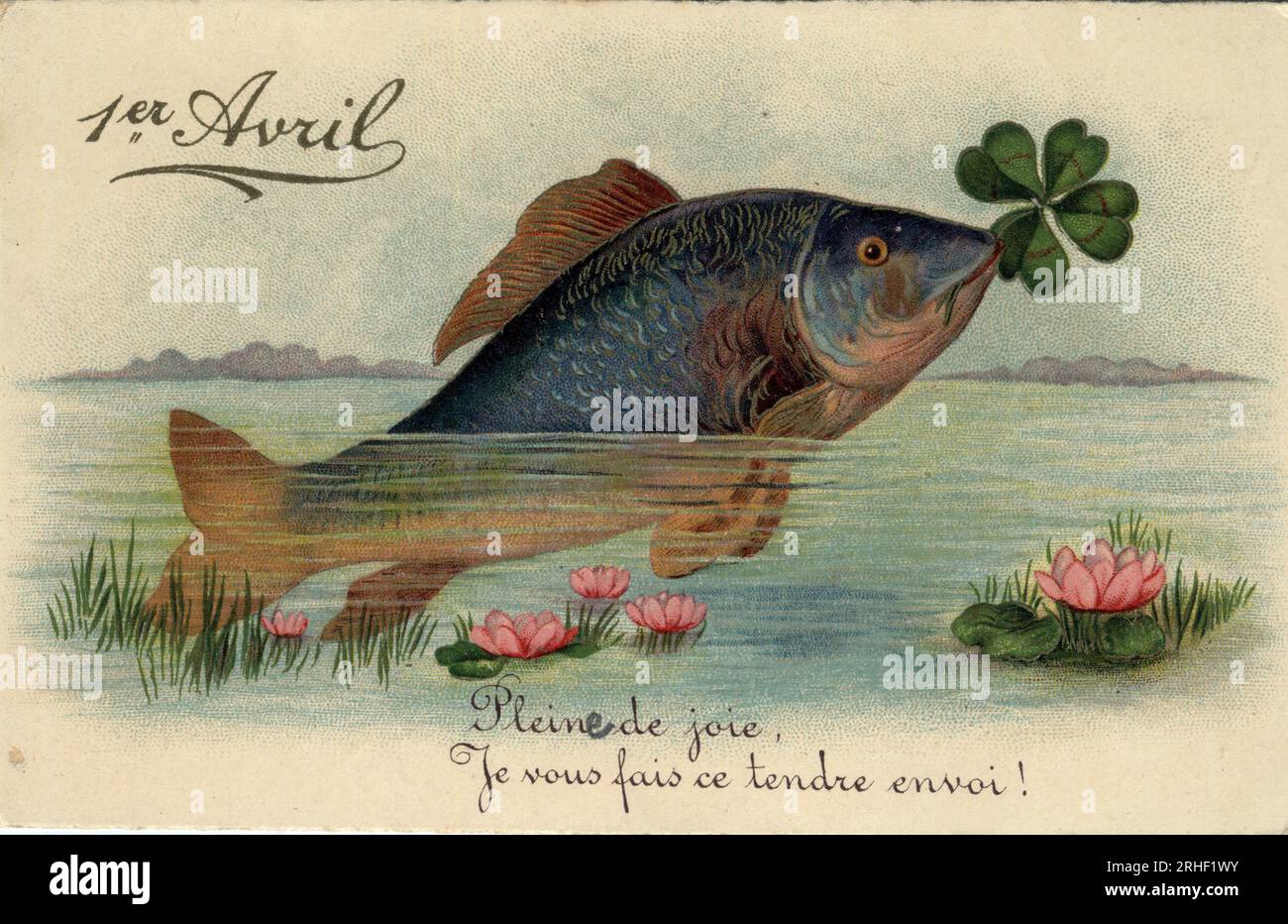 Carte de voeux pour le 1er avril : poisson avec un trefle a quatre feuilles - Carte postale fin 19eme-20eme siecle Stockfoto