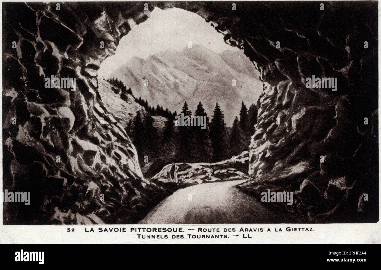 Rhone Alpes, Savoie (73) : Tunnel des tournants, Route des Aravis a la Giettaz - Carte postale datee 1930-1939 Stockfoto