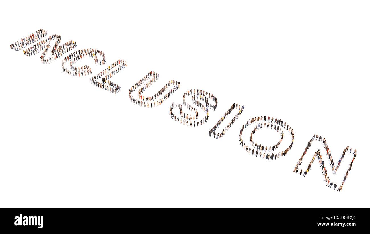 Konzept oder konzeptionelle große Gemeinschaft von Menschen, die EIN WORT ZUR EINBEZIEHUNG bilden. 3D Illustration Metapher für Vielfalt, Gleichheit, Integration, Gemeinschaft Stockfoto