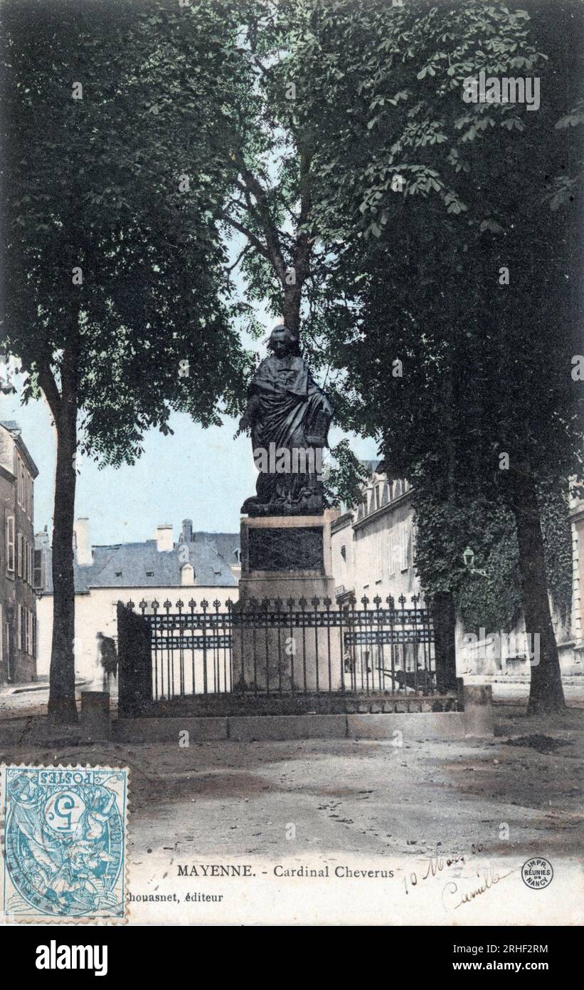 Pays de la Loire, Mayenne (53), Mayenne : Statue du Kardinal Jean Lefebvre de Cheverus (1768-1836) - Carte postale fin 19eme-20eme siecle Stockfoto