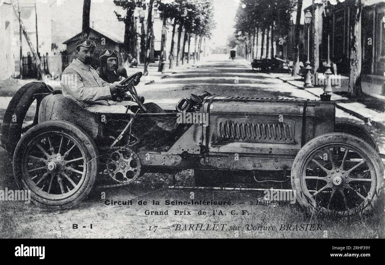 Course Automobile, Grand Prix de France (ACF) : Barillet Conduisant une voiture Brasier sur le Circuit de la seine Inferieure, 2. Juillet 1907 - Carte postale Stockfoto