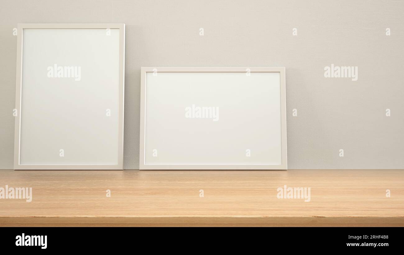 Gestell auf Holztisch, Schreibtisch oder Regal. Weißer Putz Wand Hintergrund mit Kopierraum, Innenarchitektur Vorlage Stockfoto
