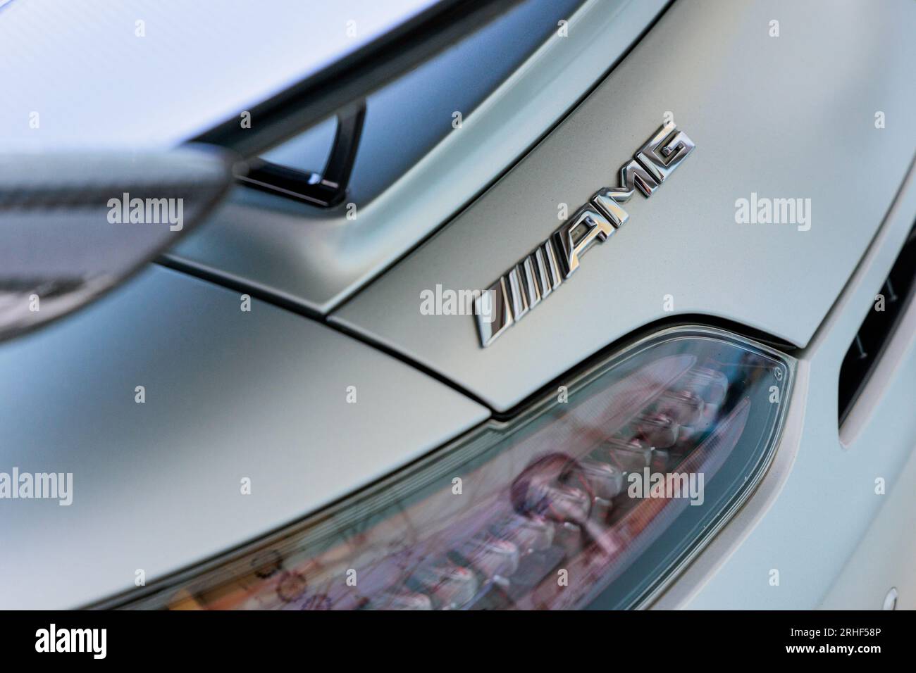 Nahaufnahme des Mercedes AMG GT R Supersportwagens Stockfoto