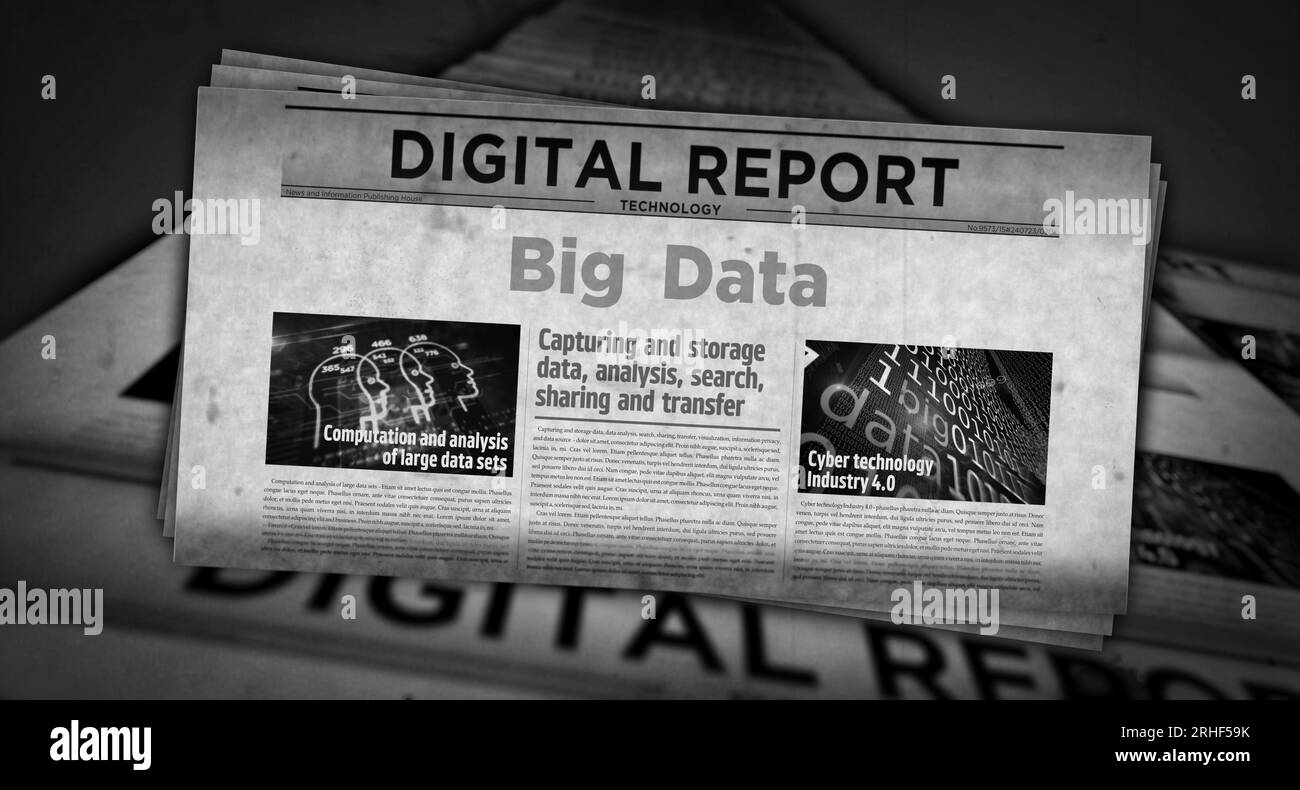 Big-Data-Technologie für maschinelles Lernen und digitale Analysetechnologie, Vintage-Nachrichten und Zeitungsdruck. Abstraktes Konzept Retro-Überschriften 3D-Illustration. Stockfoto