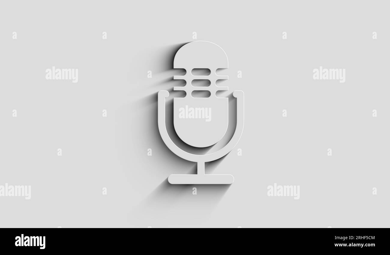 Mikrofon-Podcast online und in der Luft Live-Übertragung Symbol mit natürlichen Schatten. Abstraktes Konzept der Cyber-Technologie-Ikone. 3D-Illustrationsleuchte A Stockfoto