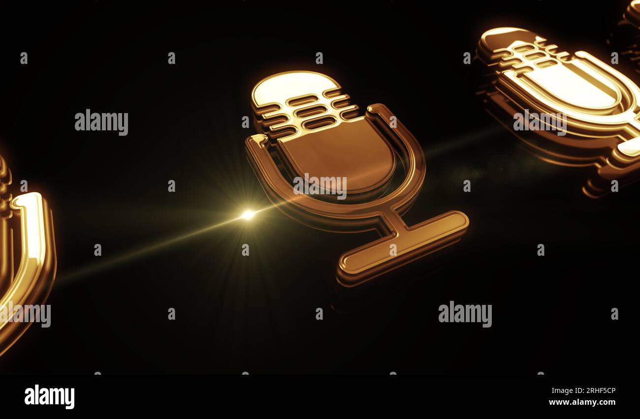 Mikrofon-Podcast online und auf Sendung Live-Übertragung Golden Metal Shine Symbol Konzept. Spektakuläres, leuchtendes und reflektierendes Licht, Icon, abstrakt o Stockfoto