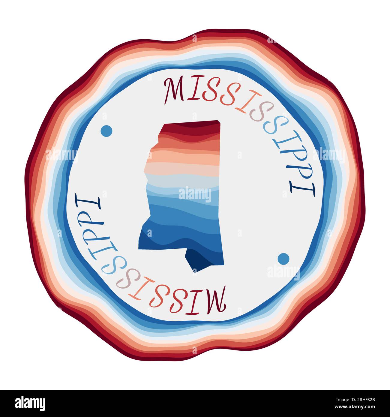 Mississippi-Abzeichen. Karte des US-Bundesstaates mit wunderschönen geometrischen Wellen und leuchtendem rot-blauem Rahmen. Lebendiges, rundes Mississippi-Logo. Vektorabbildung. Stock Vektor