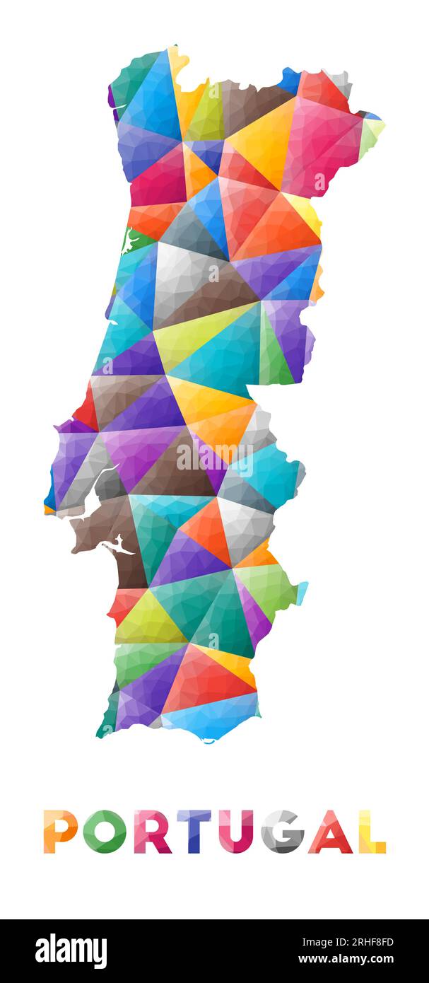 Portugal – farbenfrohe niedrige Poly-Country-Form. Mehrfarbige geometrische Dreiecke. Modernes, trendiges Design. Vektordarstellung. Stock Vektor