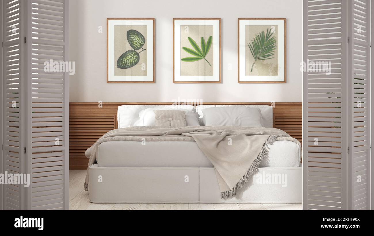 Weiße Falttür zum minimalistisch-modernen Landhausschlafzimmer mit Doppelbett, Holzwandpaneel, weißer Innenausstattung, Designer-Konzept des Architekten Stockfoto