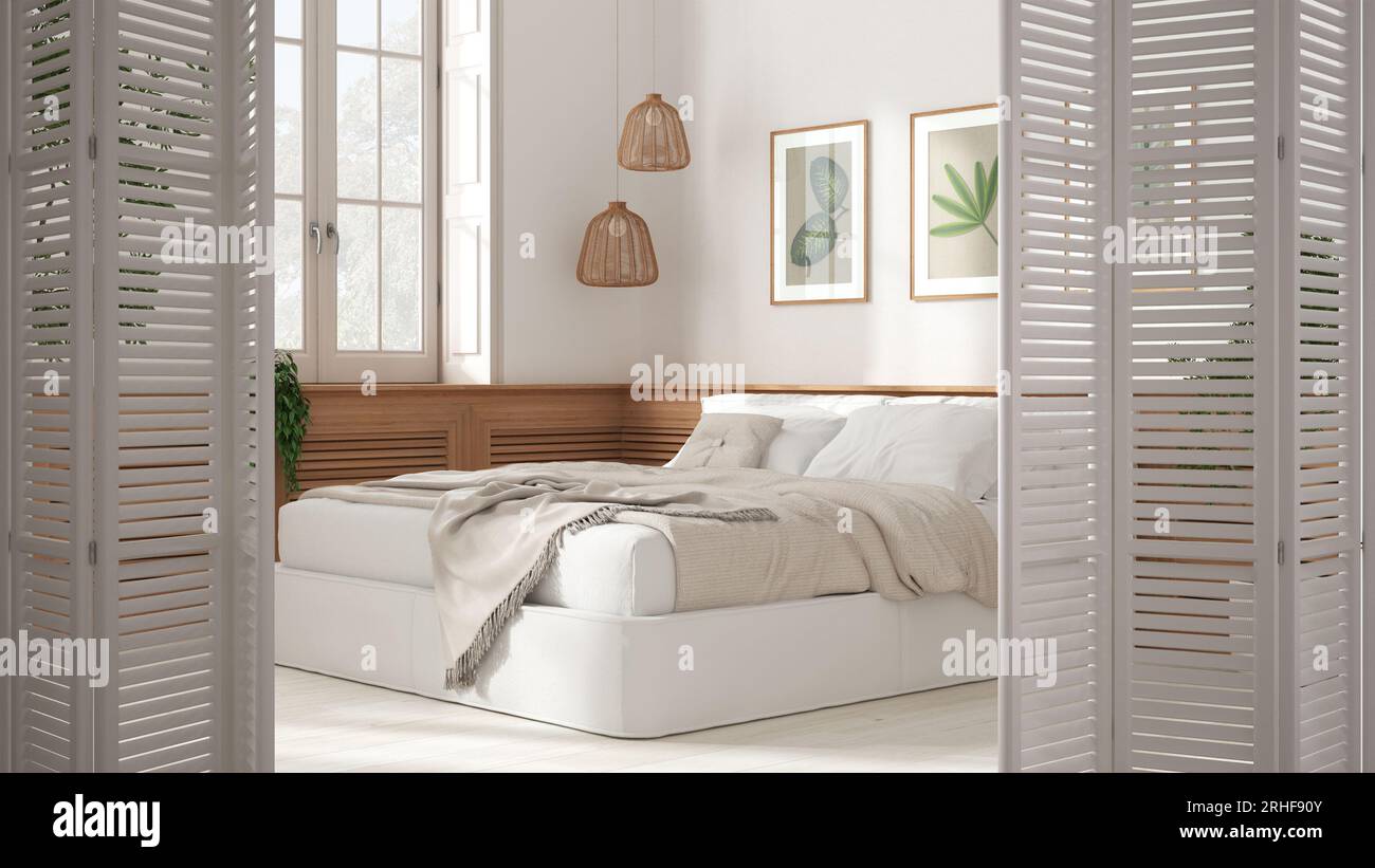 Weiße Falttür zum minimalistisch-modernen Landhausschlafzimmer mit Doppelbett, Holzwandpaneel, weißer Innenausstattung, Designer-Konzept des Architekten Stockfoto