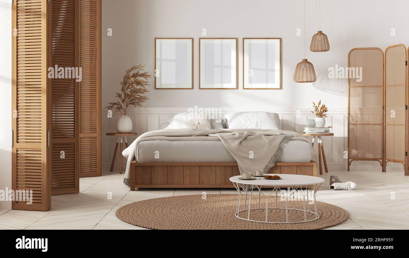 Schlafzimmer aus Holz in weißen Farbtönen. Mater Bett mit Decke. Holzpaneele und Parkettboden, Teppich und Tisch, Frühstück mit Keksen. Rahmenmodell, Stockfoto