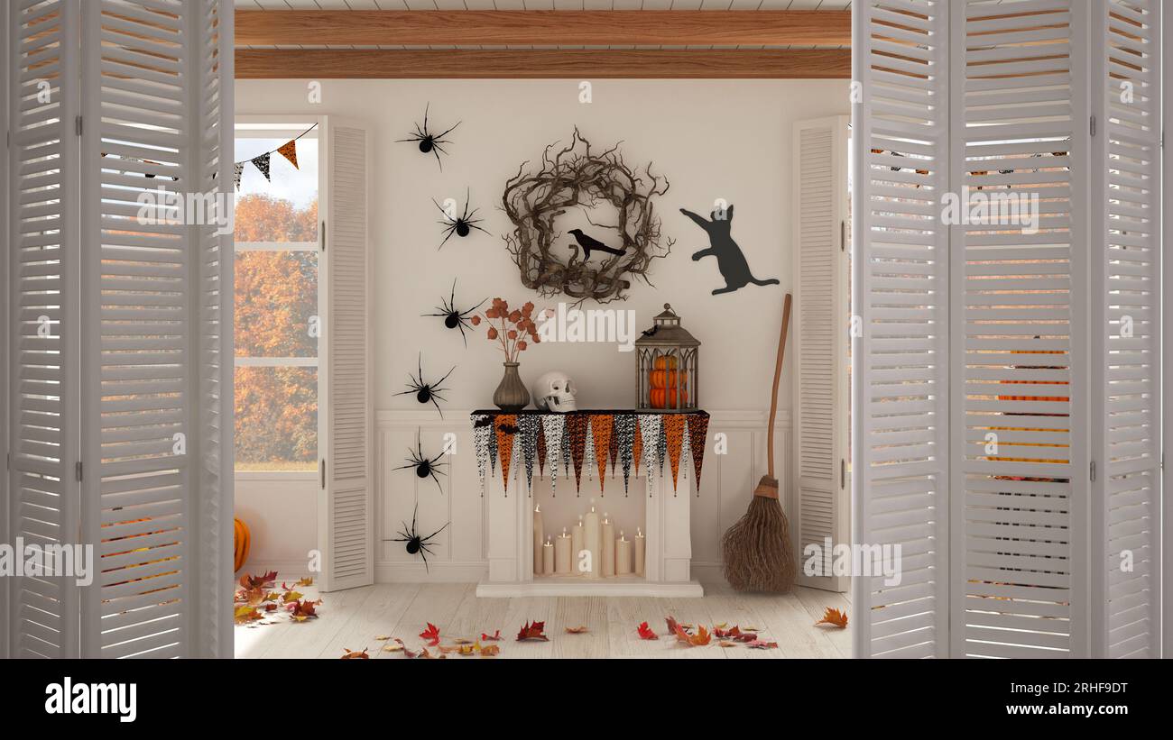 Weiße Falttür öffnet sich auf Halloween Wohnzimmer mit Kamin und herbstliche Landschaft, moderne Innenarchitektur, Architekt Designer-Konzept Stockfoto