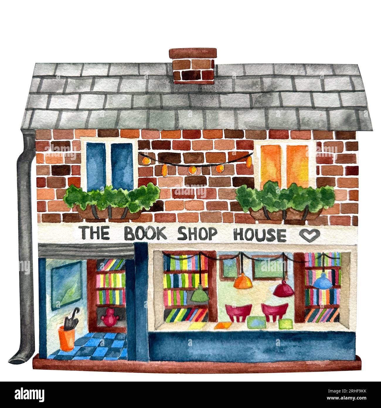 Niedlicher Märchenbuchladen und Kaffeehaus mit einem gekachelten Dach auf weißem Hintergrund mit Aquarellillustration isoliert auf weißem Hintergrund. Stockfoto