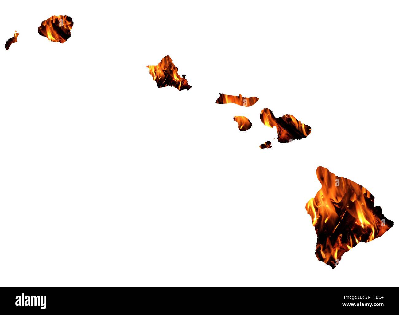 Karte Silhouette der Hawaii Inseln mit einem Feuer im Hintergrund, während Flammen weiter ausbreiten Stockfoto