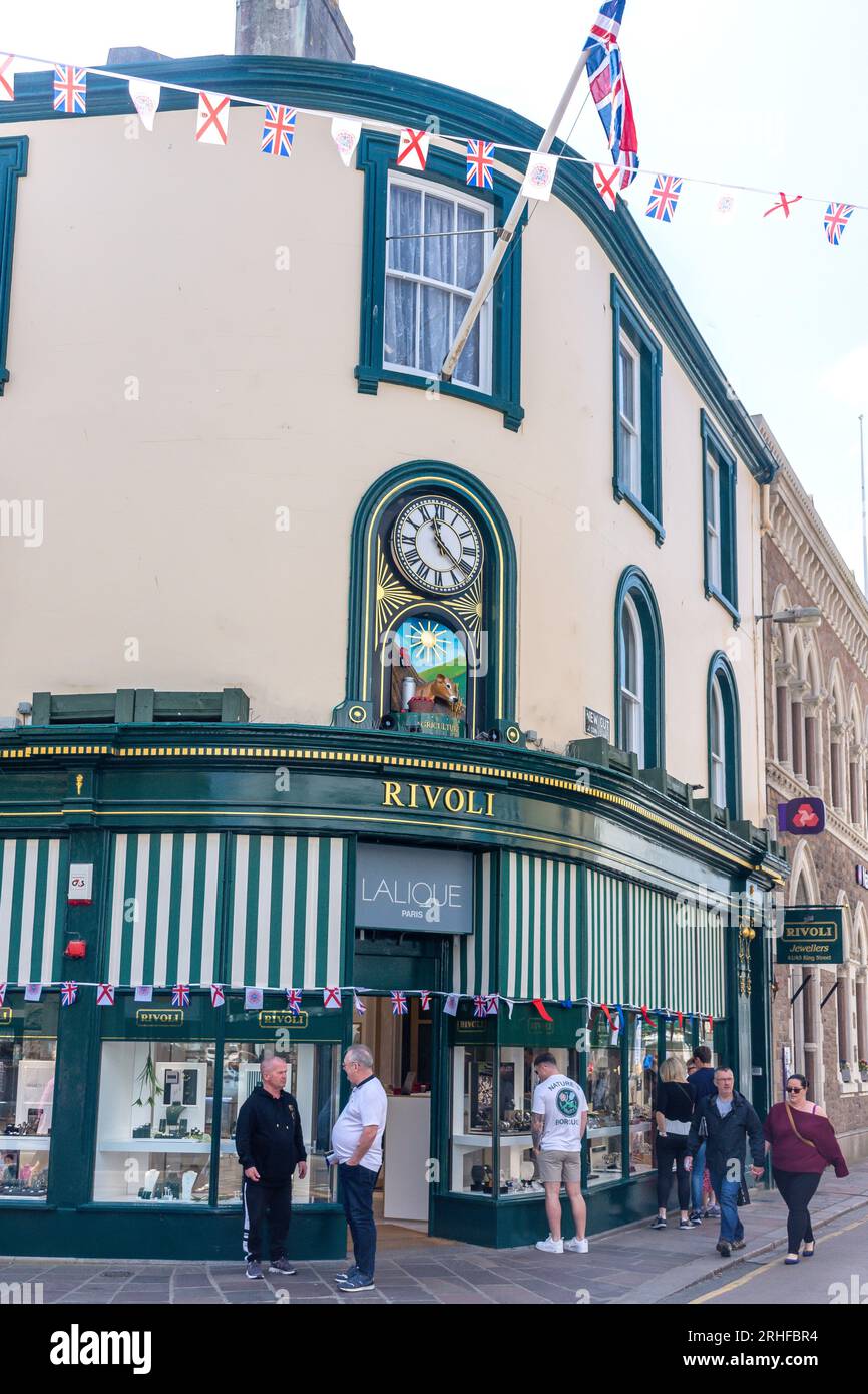 Historisches Rivoli Jewellers Gebäude, King Street (Einkaufsstraße), St Helier, Jersey, Kanalinseln Stockfoto