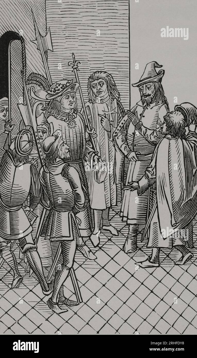 Cem Sultan (1459-1495). Osmanischer Prinz, Sohn von Sultan Mehmed II. (1432-1481). CEM inhaftiert in Rhodos, wo er im Juli 1482 Zuflucht gesucht hatte und um den Schutz von Pierre d'Aubusson, Großmeister der Gastgeber, gebeten hatte, der ihn durch einen Pakt mit Bayezid betrogen hat. Im März 1483 erzielte Aubusson eine Vereinbarung mit Bayezid, Cem im Austausch gegen Geld für seine Unterbringung in Gefangenschaft zu halten. 1489 wurde Cem nach Rom verlegt und 1495 an Karl VIII. Von Frankreich übergeben. Gravur nach „Description du siége de la ville de Rhodes“, 1496. „Vie Militaire et Religieuse au Moyen Age et à l'Epoque de la Stockfoto
